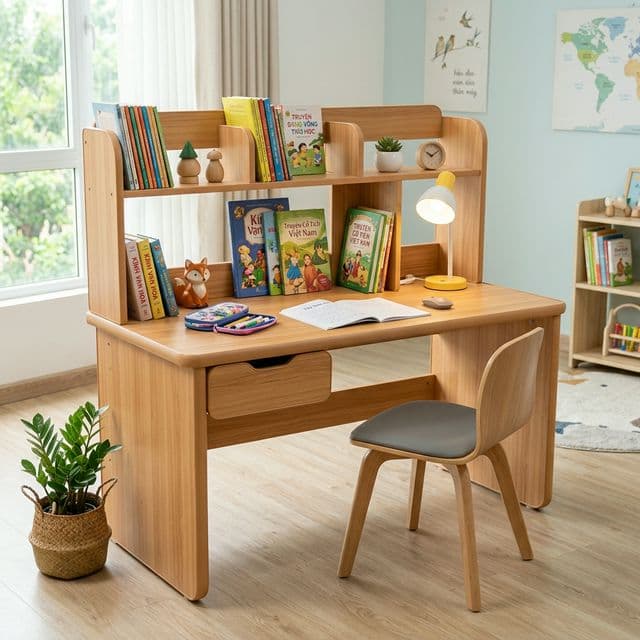 Bàn Học Sinh Đơn Kèm Giá Sách góc 1